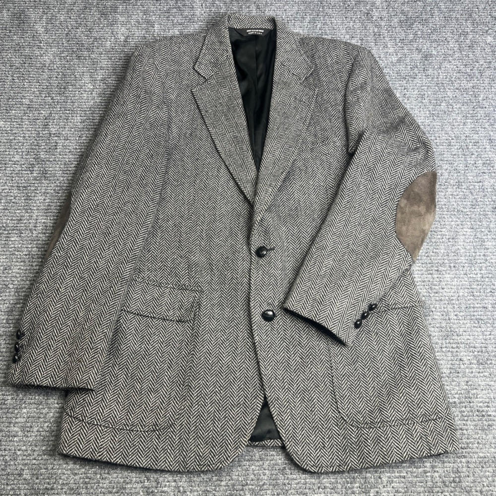 Vintage John Alexander Foleys Herringbone Wool Blazer Gray Elbow Patches USA 41R